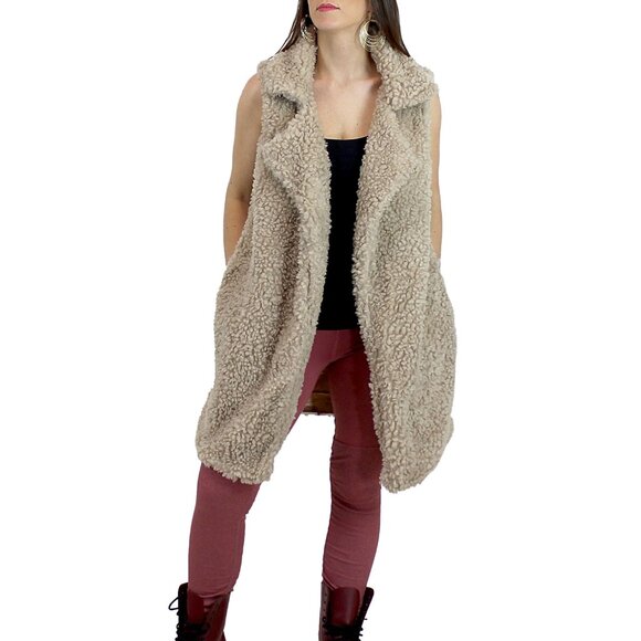 Soft Cozy Shaggy Faux Fur Long Vest Fuzzy Wrap Khaki - Picture 3 of 9